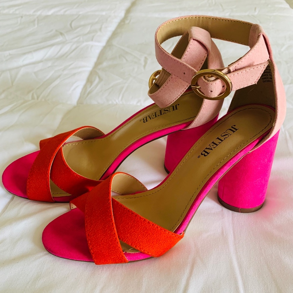 Red colorblock heels. (Just Fab)